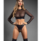 Domina Sheer Mesh & Vegan Leather 2 pc Set w/Crotchless Thong & Gold Restraint Clasps - Black M/L