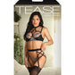 Tease Avori Embroidered Mesh Bra, Garter Belt & Panty Black L/XL